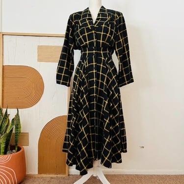 D Frank Vintage 70s Black Yellow Cotton Plaid Print Fit & Flare USA Midi Dress 