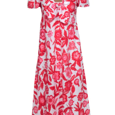 Boden - White w/ Red &amp; Pink Floral Print Short Sleeve Linen Midi Dress Sz 6P