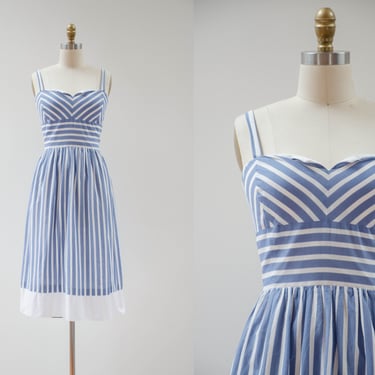 blue striped dress | 80s vintage blue white striped cute cottagecore fit and flare cotton spaghetti strap cross back sun dress 