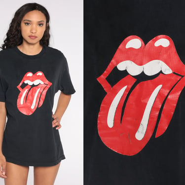 Stones T Shirt 90s Band Shirt Lips Tongue Rock Concert Tee Vintage Hipster Retro Music Groupie Punk Grunge Rock N Roll Tee Black Medium M 