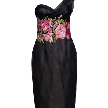 Marchesa - Black One Shoulder Floral Embroidered Dress Sz 8