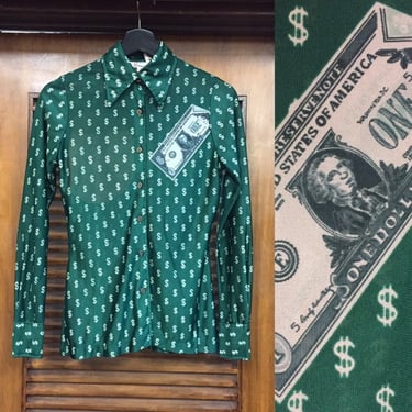 Vintage 1970’s Money Print Green Disco Shirt Top, Disco Shirt, 1970’s Disco, Vintage Shirt, Vintage Clothes 