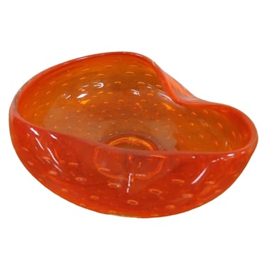 Vintage Art Glass Trinket Candy Dish Bowl Controlled Bubbles Orange Mid Century 