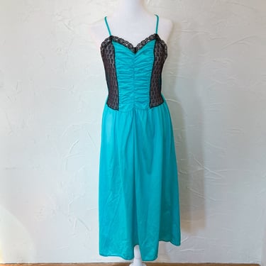 70s/80s Full Length Ruched Turquoise Slip with Black Floral Lace Side Panels | Small/Medium 