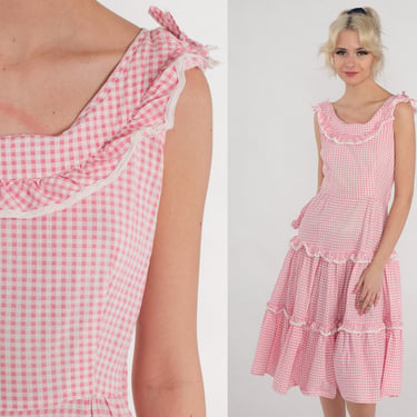 Pink Gingham Dress 60s Day Dress Tiered Midi Dress High Waisted Ruffled Sundress Retro Pin Up Sleeveless Cotton Vintage 1960s Extra Small XS 