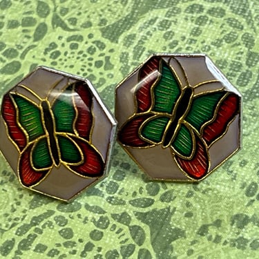 cloisonné butterfly earrings vintage 1970s pierced butterflies 