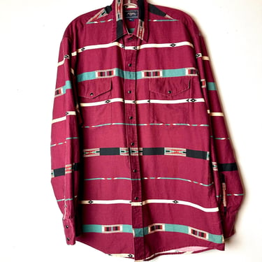 Men’s western shirt~ pearly snaps~ stylish southwestern ~ Burgundy with black and green~ Classic Western Cowboy shirts~ size M/L 