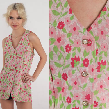 Floral Tunic Top 70s Mod Blouse Button up Tank Top Sleeveless Shirt Pink Green Flower Child Groovy Vest Hippie Vintage 1970s Small 