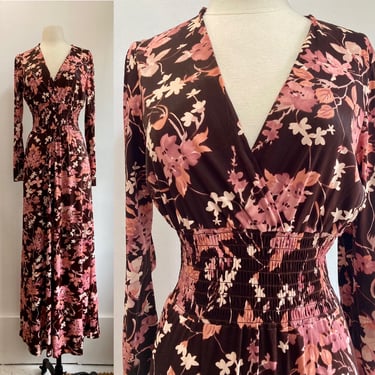 Vintage 70's BOHO Maxi Dress / Cross Deep V-Neck + Wide SHIRRED Empire Waist / Autumnal Dark Floral Print / Cold Rayon / M/L 