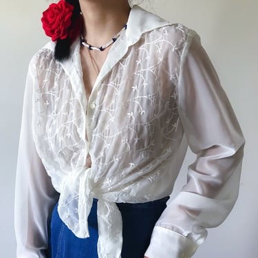 vintage blouse vintage shirt vintage top button down sheer blouse white floral embroidered minimalist capsule wardrobe Made in USA size S/M 