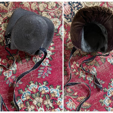 Antique Victorian child’s black straw bonnet, woven hat with brown velvet & silk ribbon | little girl’s hat 