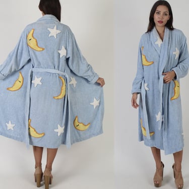 Canyon Group By Damze Moon and Stars Robe, Chenille Made In USA Nightgown With Pockets 