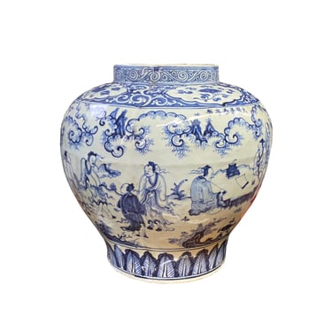 Vintage Chinese Blue White Porcelain Scenery Fat Body Vase Jar ws2718E 