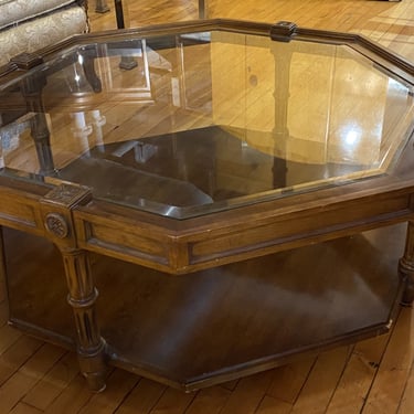 Octagonal Coffee Table w Carved Wood Flowers and Glass Top