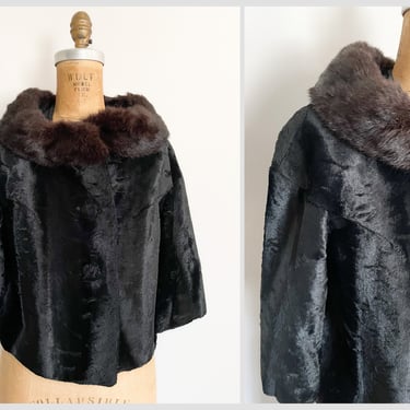 Luxe vintage 1950’s black velvet faux Persian lamb jacket with mink collar, cropped, beautiful condition, ladies S 