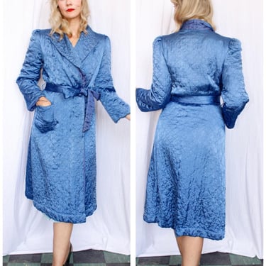 1940s Kamore Quilted Blue Robe - Medium 