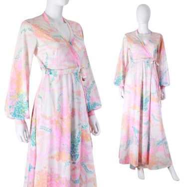 1960s Rainbow Abstract Floral Dressing Robe - 1960s Nylon Dressing Gown - 1960s Wrap Robe - Vintage Dressing Gown - 60s Robe  | Size Small 