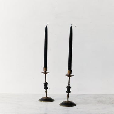 Pair of Brass Candlesticks &amp; Tapers