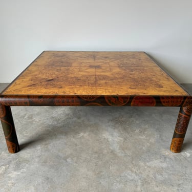 1970's Karl Springer Style Mid-century Burl Wood And Hand Painted Texture Finish Coffee Table 