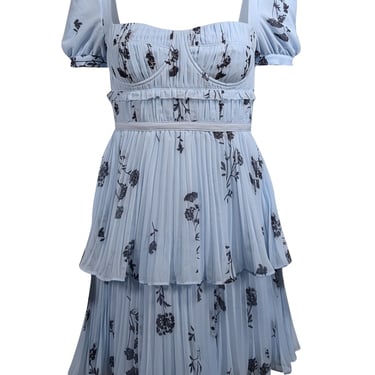 Self-Portrait - Light Blue Floral Print Pleated Chiffon Mini Dress Sz 2