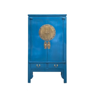 Chinese Oriental Bahama Blue Face Tall Wedding Armoire Cabinet cs7471E 