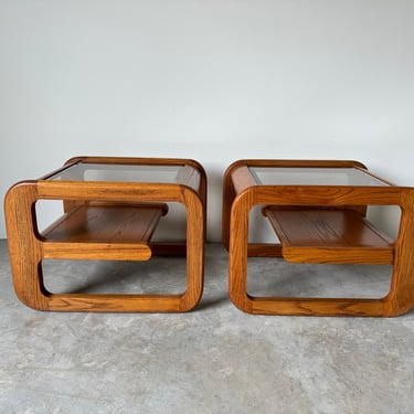 Midcentury Modern Lou Hodges Side Tables With Inset Glass Top - a Pair 