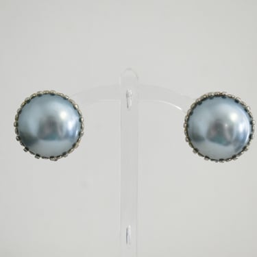 1960s Blue Faux Pearl Circle Clip Earrings 