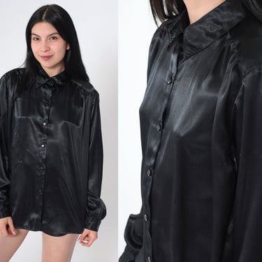 Black Satin Blouse 90s Long Sleeve Top Silky Shirt Vintage Button Up Collared Shirt 1990s Kathie Lee Oversized Large L 