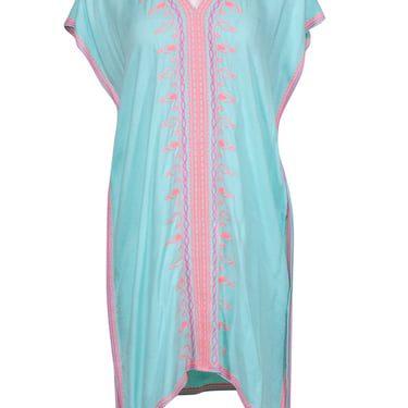 Lilly Pulitzer - Turquoise Caftan w/ Pink Embroidery & Neon Coral Tassels Sz XXS/XS