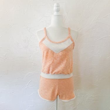 70s/80s Terrycloth 2 Piece Tank Top and Shorts Set in Light Orange and White | Medium 