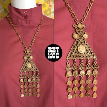 Cool Vintage 60s 70s Gold Triangle Filigree Statement Pendant Necklace with Coin Fringe 