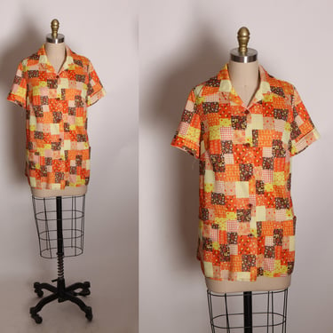 1970s Orange and Brown Polyester Novelty Patchwork Short Sleeve Button Up Blouse by JCPenney Fashions -L 