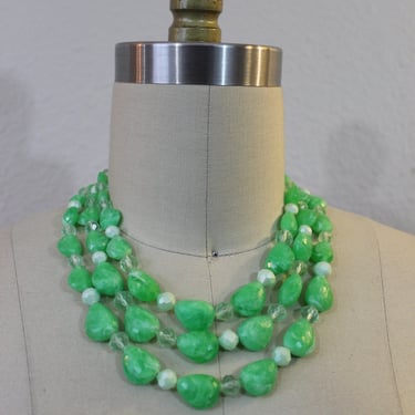 Vintage 1950's 50s  W. Germany Triple Strand Jadeite Green swirl Lucite Necklace Adjustable statement piece 