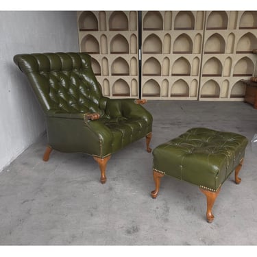 Vintage Green Tufted Leather Sleepy Hollow Chair and Ottoman 