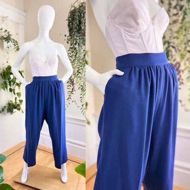 Vintage 1980s Trousers | 80s CAROLE LITTLE for Saint-Tropez West Wool Royal Blue High Waisted High Rise Wide Leg Wear to Work Pants (medium) 