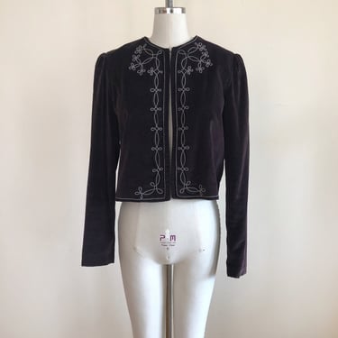 Dark Purple/Brown Velveteen Cropped Jacket with Embroidery - 1980s 