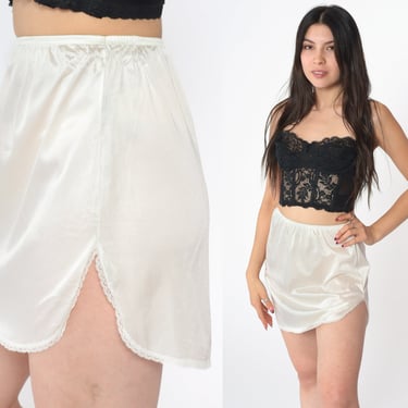 White Mini Slip Skirt 80s Vassarette Lingerie Skirt Side Slit Nylon Half Slip Retro Pinup Elastic Waist Romantic Pin Up Vintage Plain Small 