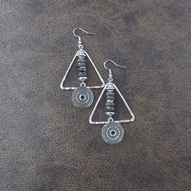 Hammered silver triangle earrings with gray stone 