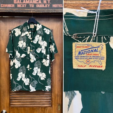 Vintage 1940’s “National” Atomic Floral Silky Rayon Hawaiian Shirt, 40’s Loop Collar, Vintage Clothing 