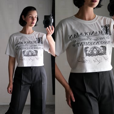 Vintage 80s ALAIN MANOUKIAN White French Font Script Crop Single Stitch Tee | Made in Greece | 1980s French Designer Boxy Crop T-Shirt 