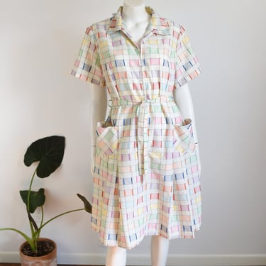 Early 1960s Pastel Checkered Dress - L/XL 