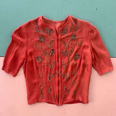 1930s Coral Rayon Crepe Zip Front Top - Size M