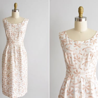 1950s Champagne On Ice dress/ vintage 50s wiggle dress/ embroidered floral dress 