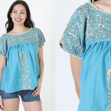 Womens Authentic Teal Embroidered Oaxacan Tunic Blouse Size XL 