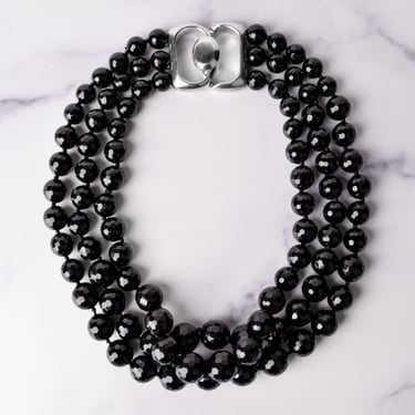 Patricia von Musulin Vintage Graduated Faceted Black Onyx and Sterling Silver Multistrand Necklace