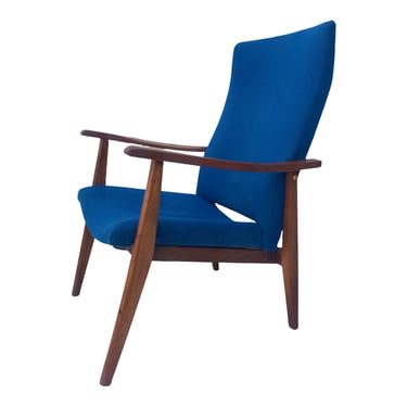 Edmund Homa Mid-Century Walnut Wood Arm Chair | Original Blue Upholstery | Vintage High Back Lounge Chair | MCM Seating 