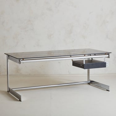 Chrome Desk with Smoked Glass Top by Gilles Bouchez for Airborne, France 1970s
