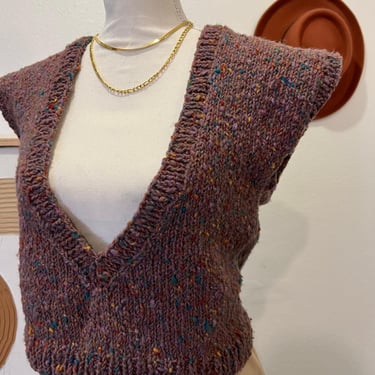 Vintage Handmade Lavender Speckled Chunky Knit Deep V Sweater Pullover Vest 