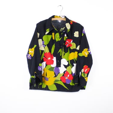 Vintage 60's Alfred Paquette brand pullover blouse with button collar, Black with vibrant floral pattern - Medium 