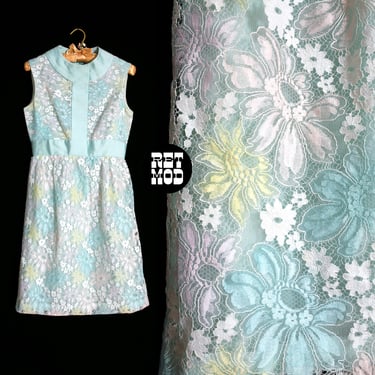 BEAUTIFUL Vintage 60s 70s Pastel Blue with Rainbow Floral Lace Sleeveless Dress by Pat Sandler 